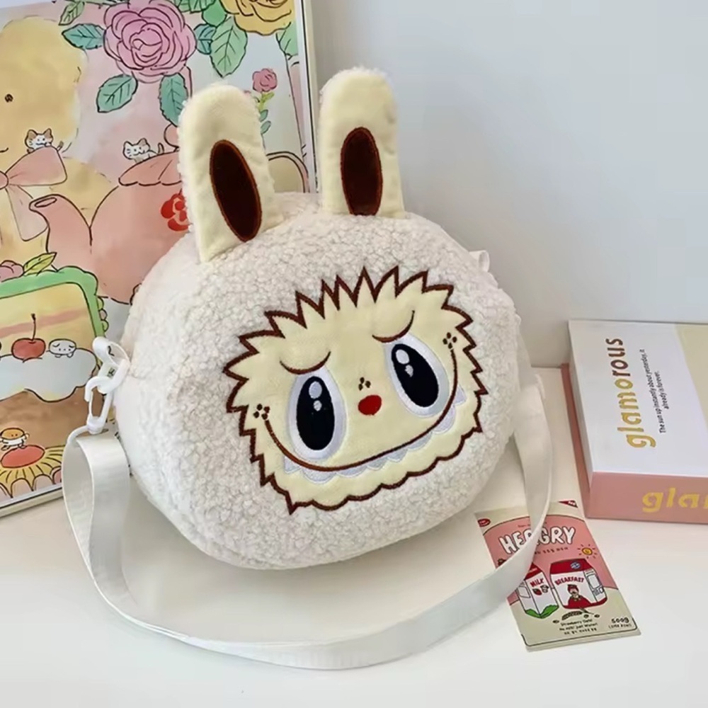 Labubu Inspired White Zimomo Theme Fuzzy Crossbody Handbag Purse Character